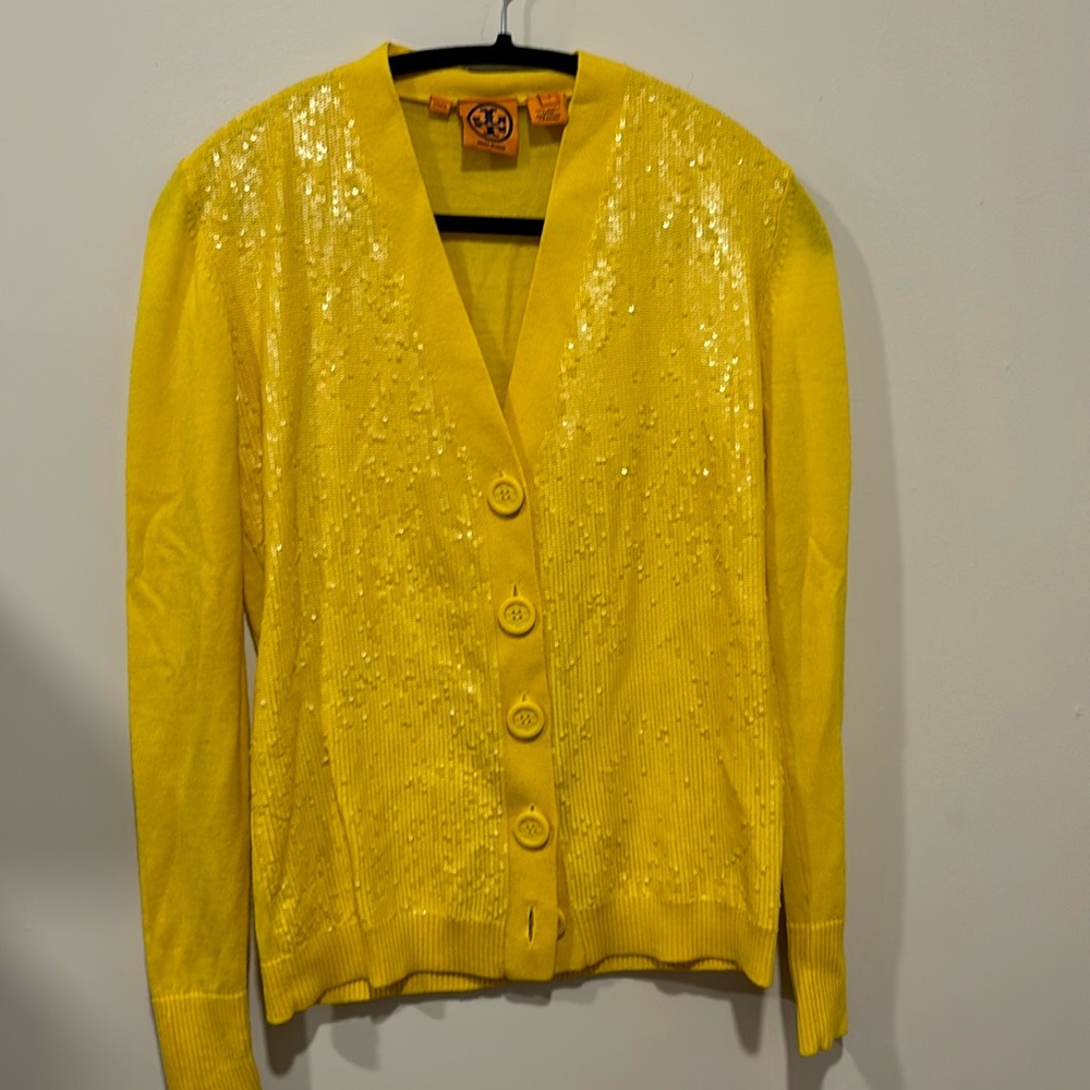 EUC Tory Burch Yellow Wool Sequin Cardigan size small.